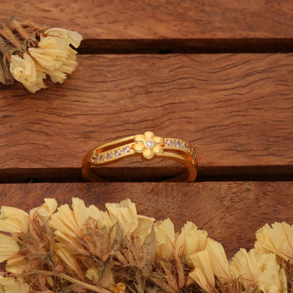 "Gold Plated Adjustable Floral Design Ring with CZ Stones – Elegant Jewelry for Women"