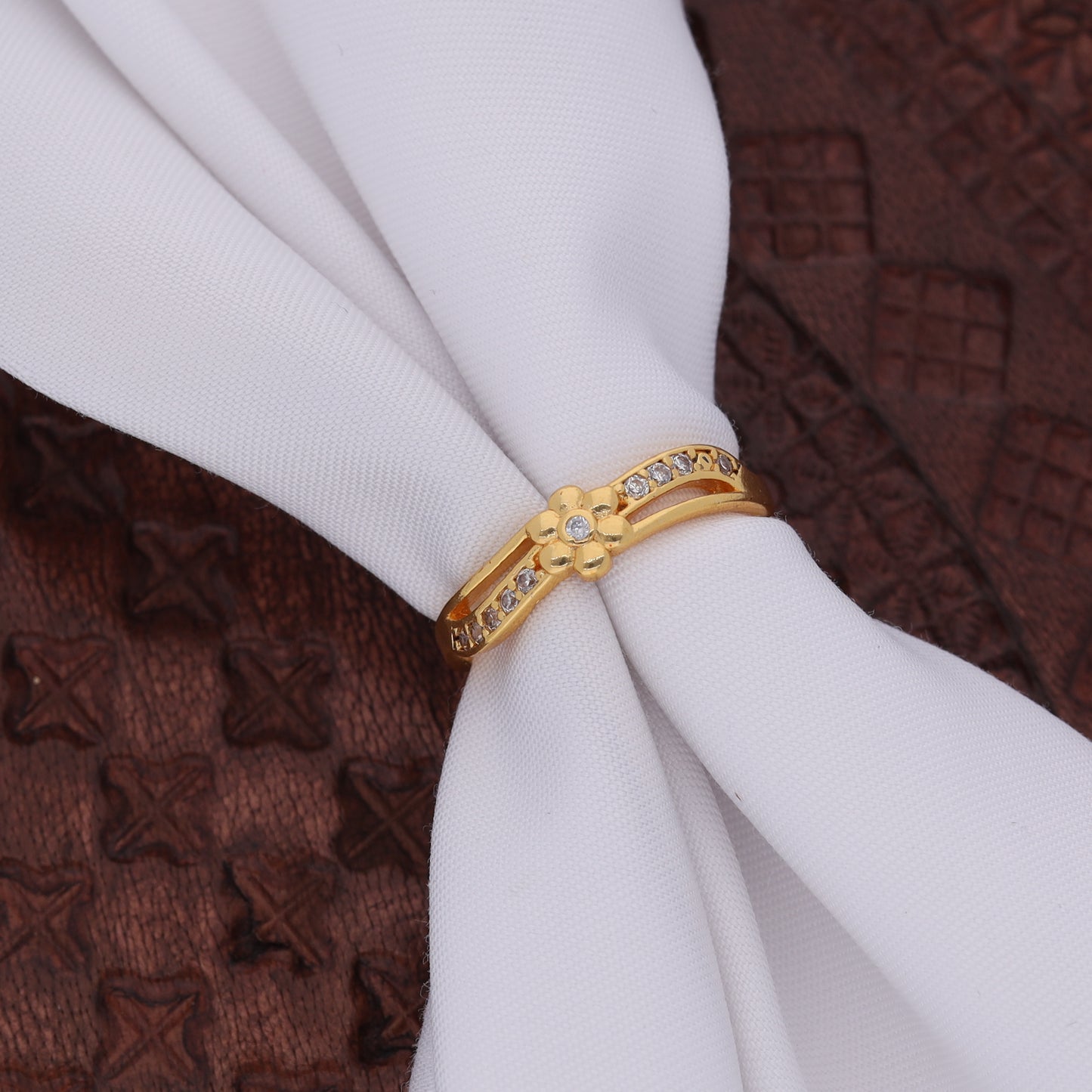 "Gold Plated Adjustable Floral Design Ring with CZ Stones – Elegant Jewelry for Women"