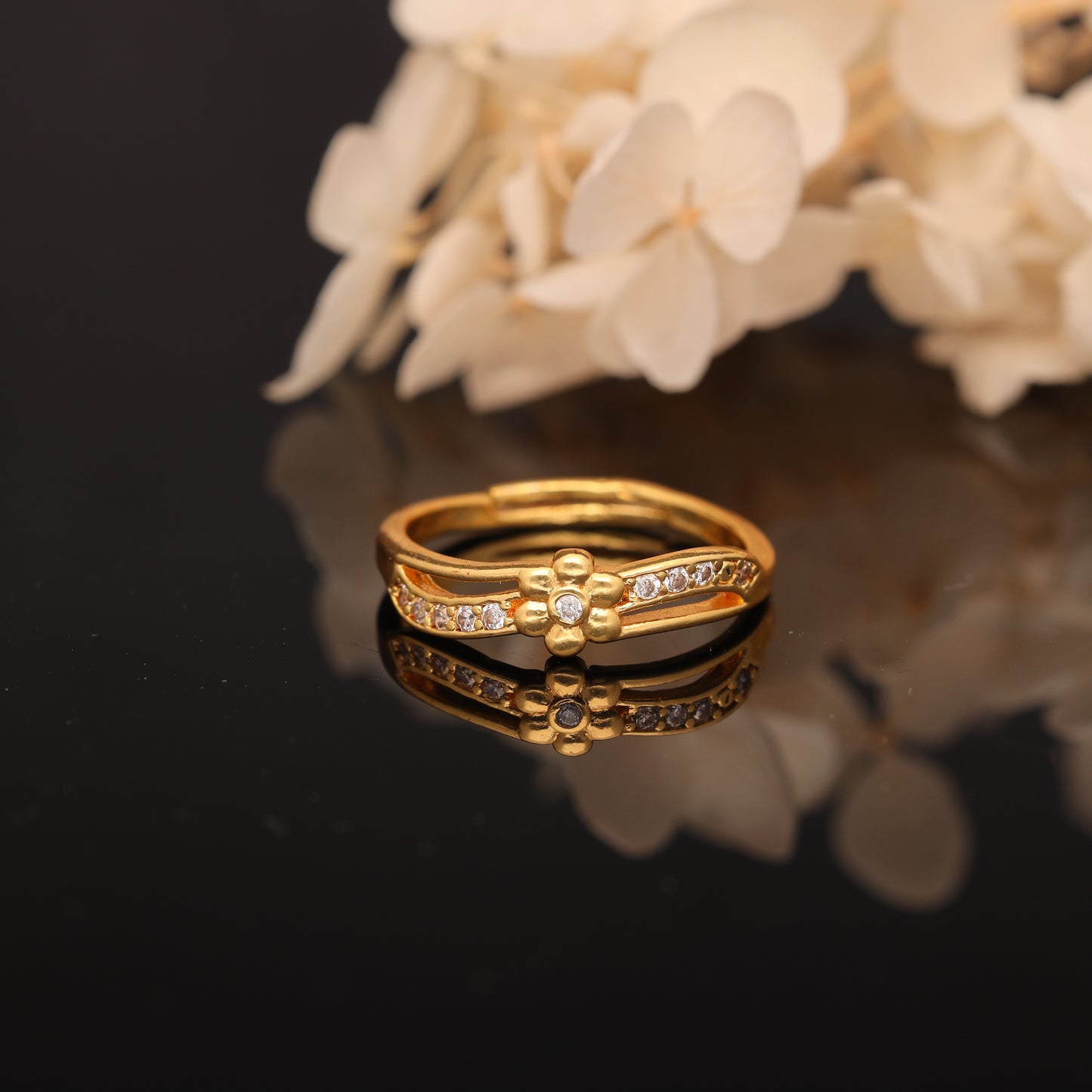 "Gold Plated Adjustable Floral Design Ring with CZ Stones – Elegant Jewelry for Women"