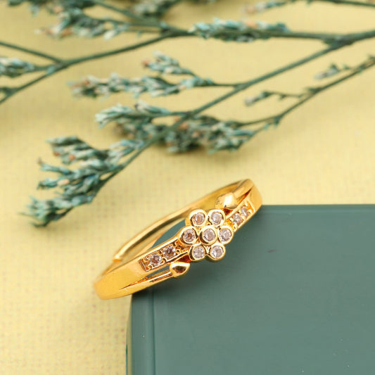"Gold Plated Adjustable Daisy Flower Design Ring with CZ Stones – Trendy Jewelry for Women"