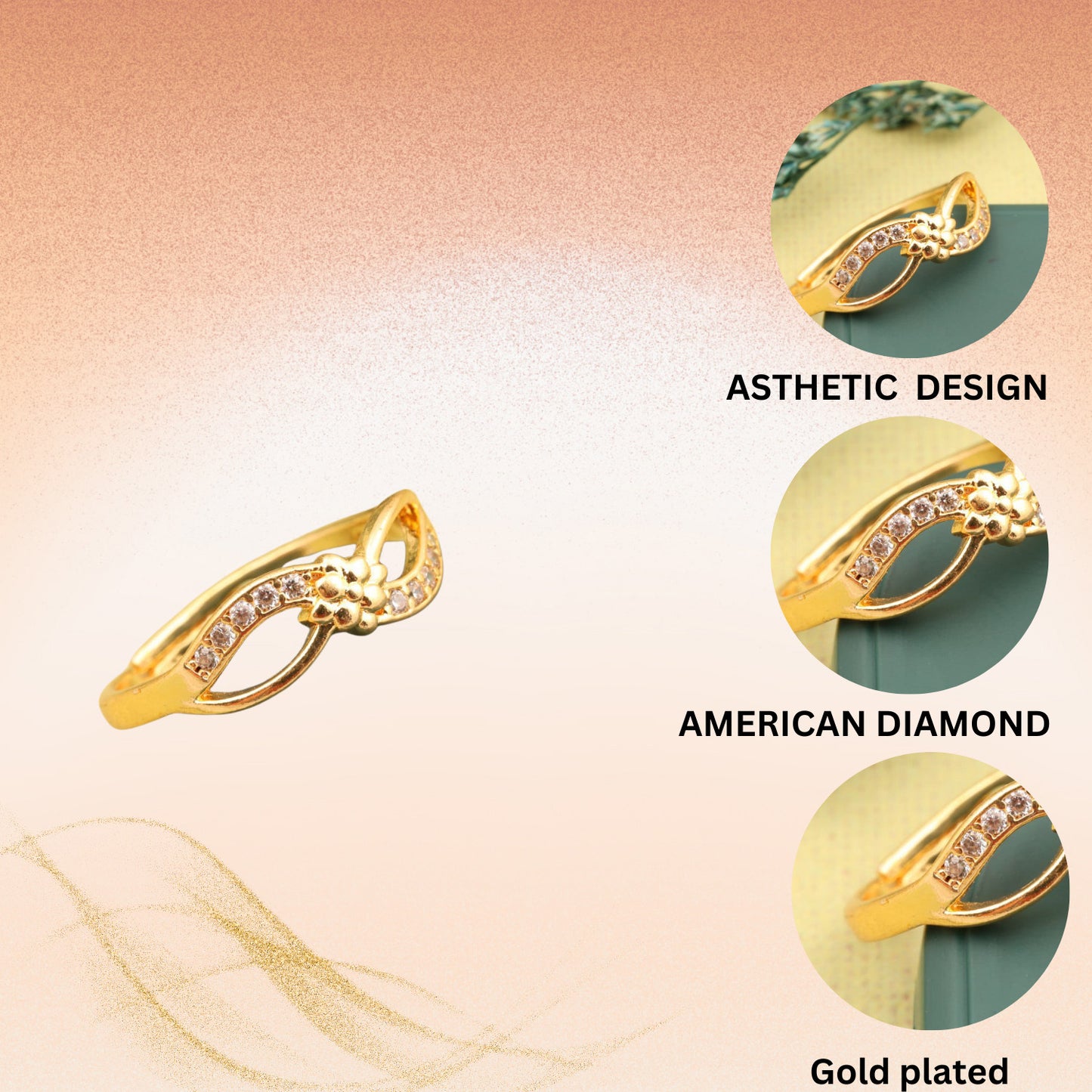 "Gold Plated Adjustable Infinity Floral Ring with CZ Stones – Elegant Jewelry for Women"