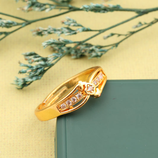 "Gold Plated Adjustable Floral Accent Ring with CZ Stones – Stylish Jewelry for Women"